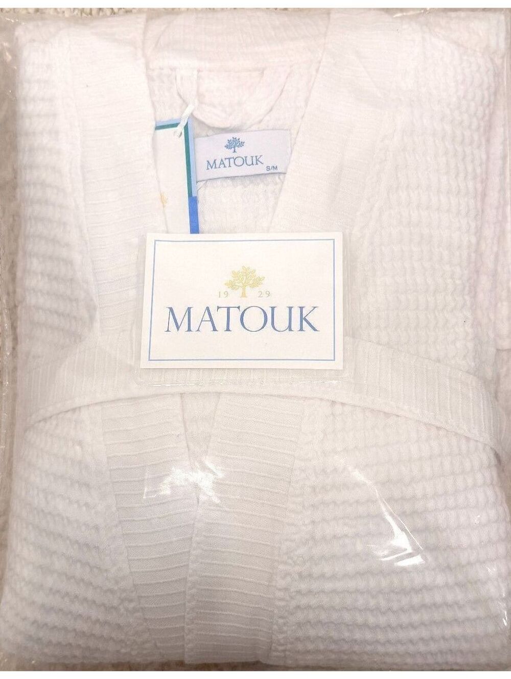 Matouk White Waffle Knit Pique Unisex Bath Robe New In Box Bag S/M Small Medium
